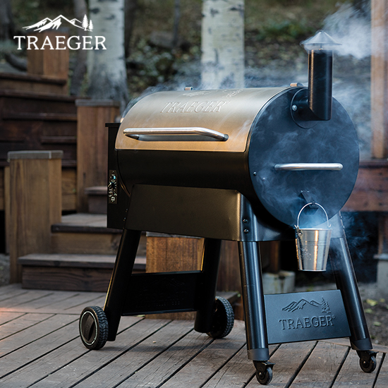 Smart pellet grill with "Traeger" logo in the corner.