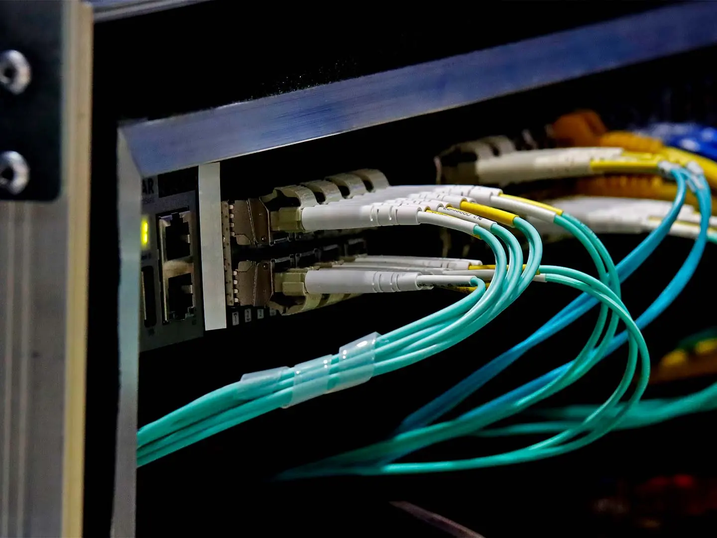 Network switch and ethernet cables. Data Center Concept.