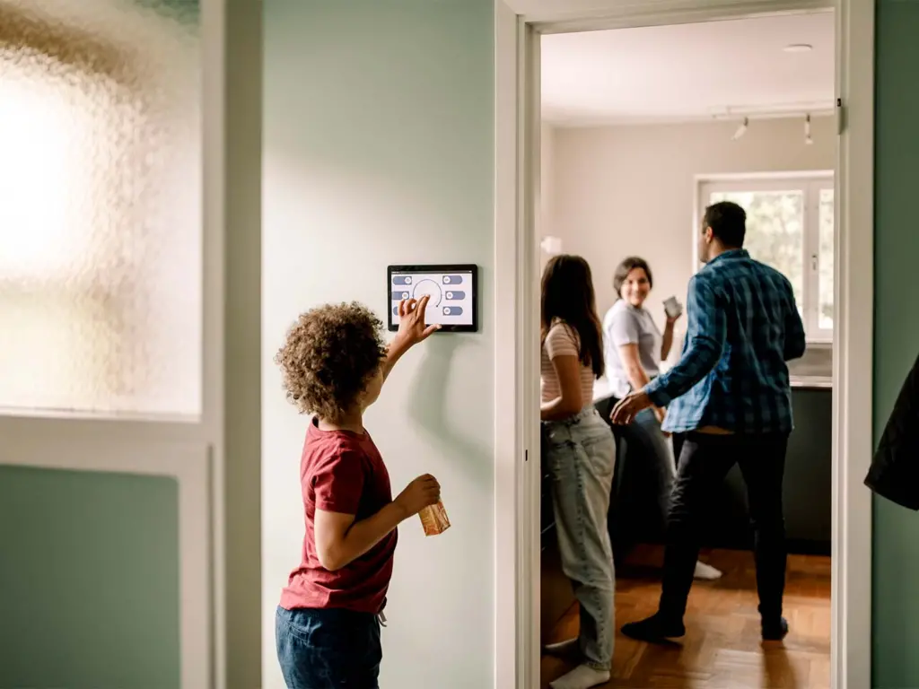 Child interacting with smart home tablet in hallway