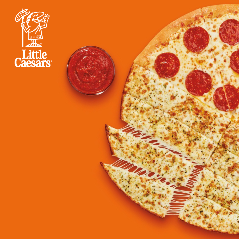 Orange image of a pizza that is half pepperoni pizza half breadsticks. Also included is a cup of dipping sauce. In the top left corner is the Little Caesars logo.