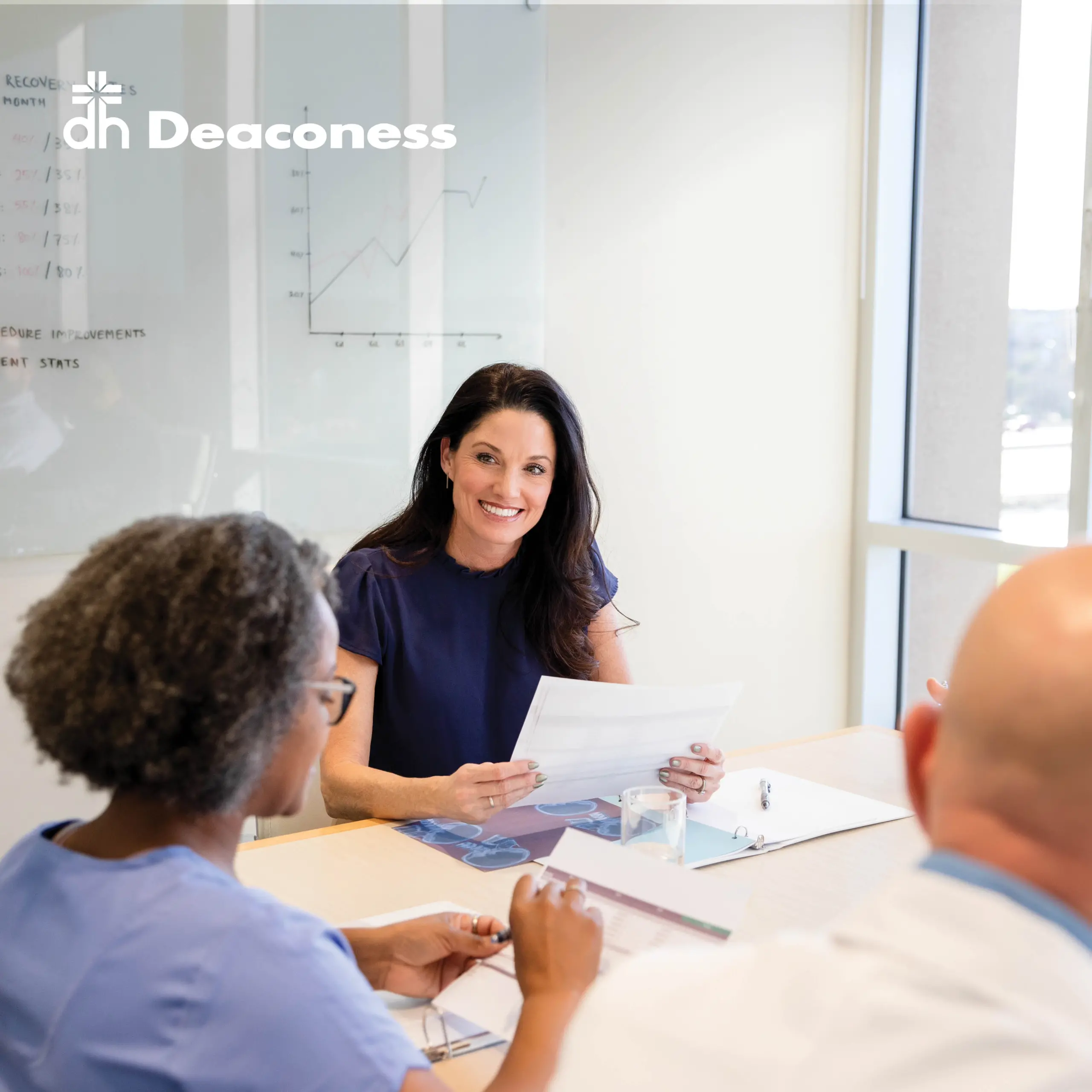 Healthcare board member meeting managing the company. Text in the top left corner reads “Deaconess” with their logo.