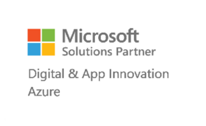 A white rectangle that contains text that reads "Microsoft Partner Solutions Partner — Digital & App Innovation, Azure" with the Microsoft logo in the top left corner