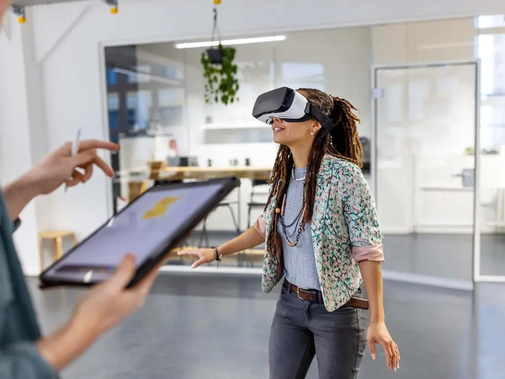 Woman testing out augmented reality with a VR headset