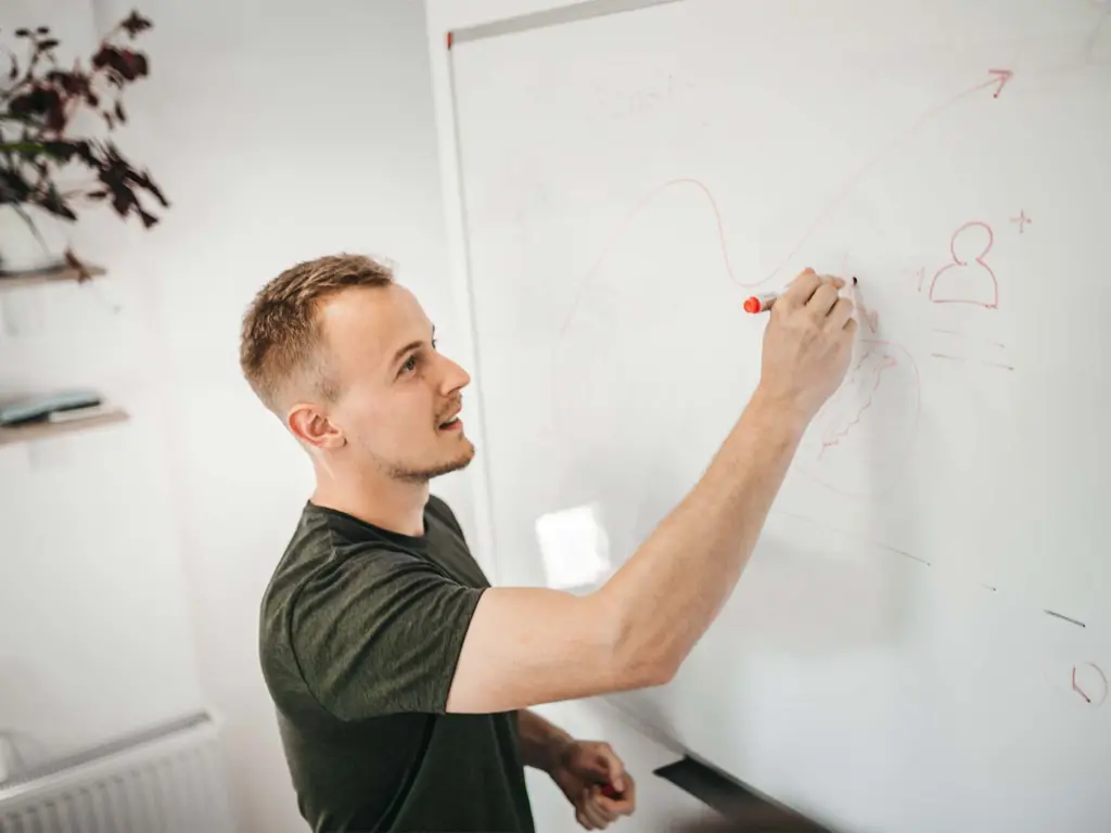 A businessman uses a whiteboard to learn customer experience research.
