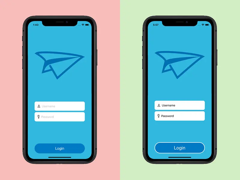 This is a side-by-side comparison of two different phone displays of a login screen. The images have different layouts with varying colors showing examples of mobile app accessibility. 