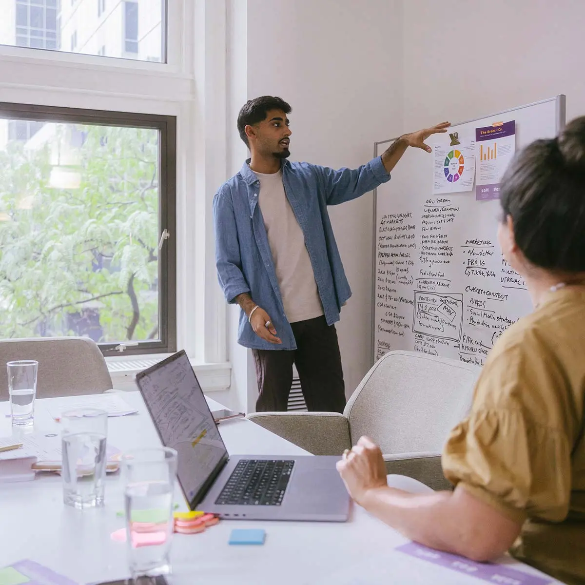 Developer presenting strategy plan on whiteboard