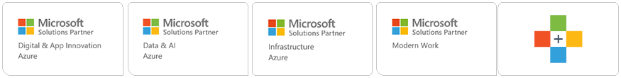 Microsoft Solutions Partner badges including: Digital & App Innovation Azure, Data & AI Azure, Infrastructure Azure, and Modern Work.