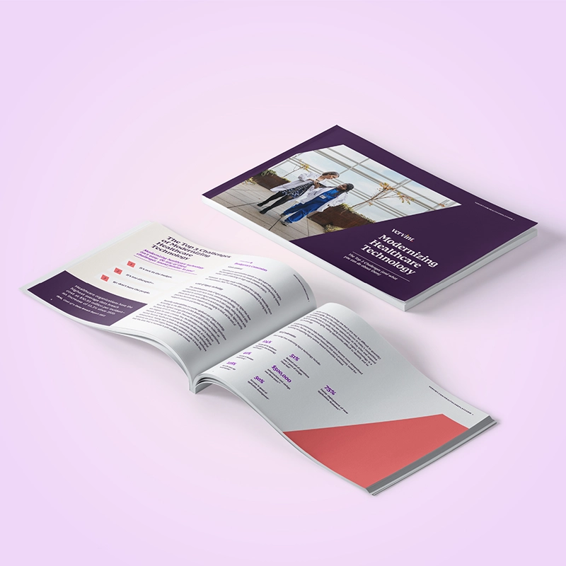 Image of 3 Challenges in Healthcare eBook laying flat on a purple background