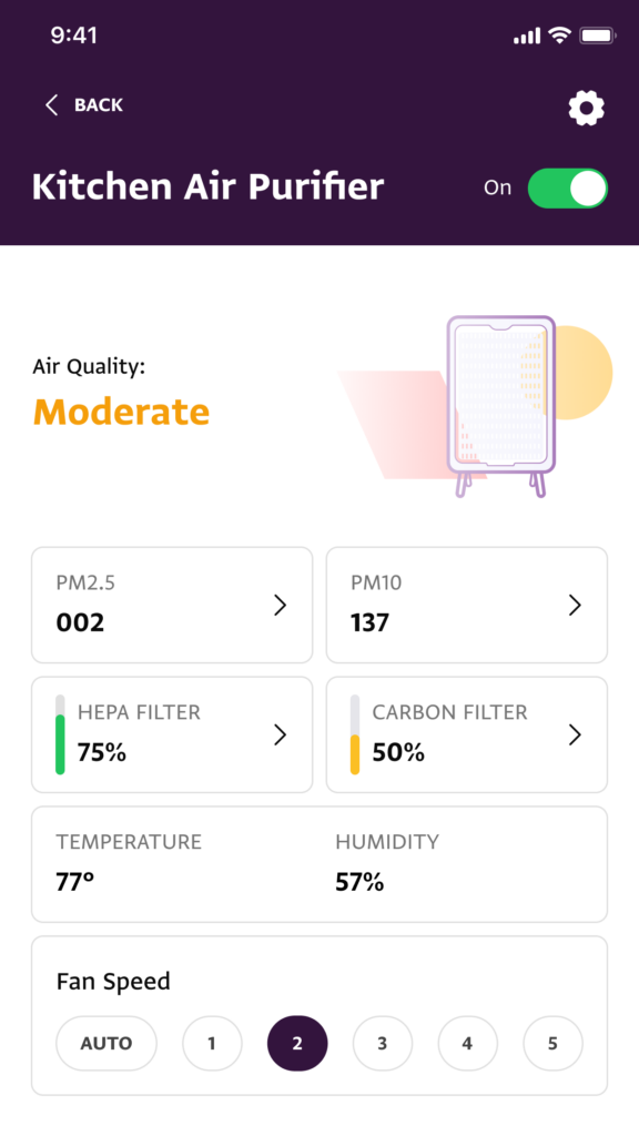 Application home screen for air purifier