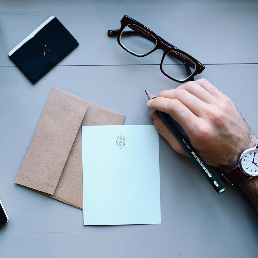 Desktop with glasses, wallet, and envelope. With mans hand writing.